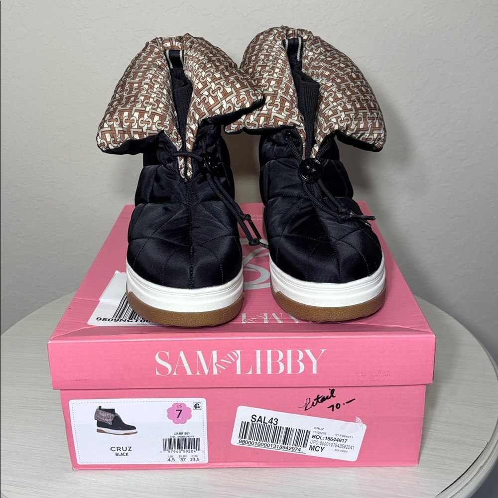 Sam & Libby Cruz Fold Over Puffer Bootie Black and Tan Patterned.NWBox Size 7 - Picture 6 of 8